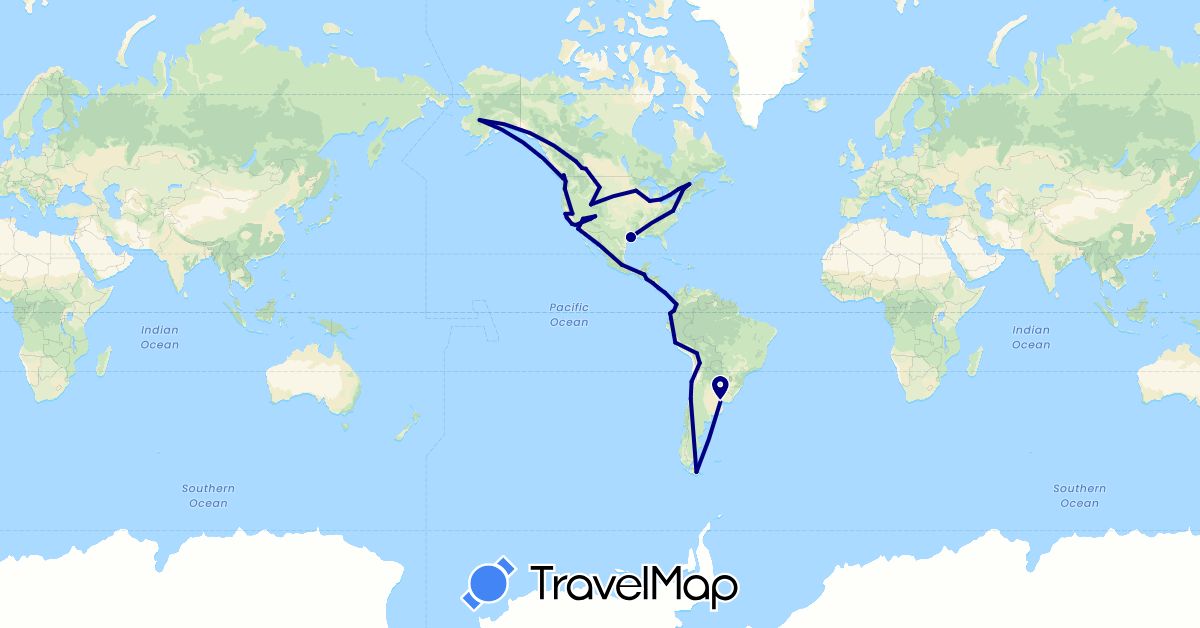 TravelMap itinerary: driving in Argentina, Bolivia, Canada, Chile, Colombia, Costa Rica, Ecuador, Guatemala, Mexico, Nicaragua, Panama, Peru, El Salvador, United States (North America, South America)